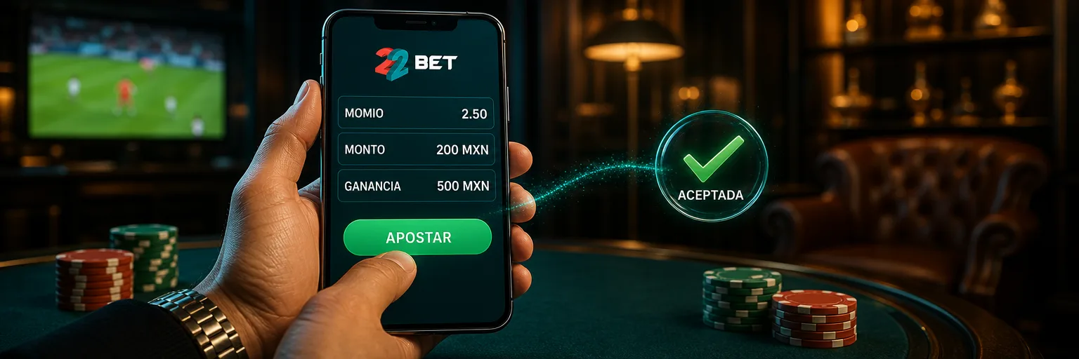 Ticket de apuesta de 22Bet con el momio, el monto, la ganancia posible y el botón APOSTAR